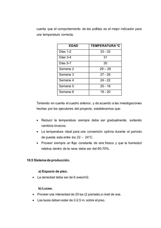 cuenta que el comportamiento de las pollitas es el mejor indicador para
una temperatura correcta.
EDAD TEMPERATURA °C
Días 1-2 33 - 32
Días 3-4 31
Días 5-7 30
Semana 2 29 – 28
Semana 3 27 - 26
Semana 4 24 - 22
Semana 5 20 - 18
Semana 6 18 - 20
Teniendo en cuenta el cuadro anterior, y de acuerdo a las investigaciones
hechas por los ejecutores del proyecto, establecemos que:
 Reducir la temperatura siempre debe ser gradualmente, evitando
cambios bruscos.
 La temperatura ideal para una conversión optima durante el periodo
de puesta esta entre los 22 – 24°C.
 Proveer siempre un flujo constante de aire fresco y que la humedad
relativa dentro de la nave debe ser del 60-70%.
10.5 Sistema de producción.
a) Espacio de piso.
 La densidad debe ser de 6 aves/m2.
b) Luces.
 Proveer una intensidad de 20 lux (2 pie/vela) a nivel de ave.
 Las luces deben estar de 2-2.5 m. sobre el piso.
 