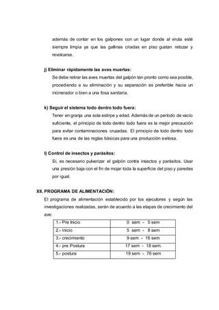 además de contar en los galpones con un lugar donde al viruta esté
siempre limpia ya que las gallinas criadas en piso gustan retozar y
revolcarse.
j) Eliminar rápidamente las aves muertas:
Se debe retirar las aves muertas del galpón tan pronto como sea posible,
procediendo a su eliminación y su separación es preferible hacia un
incinerador o bien a una fosa sanitaria.
k) Seguir el sistema todo dentro todo fuera:
Tener en granja una sola estirpe y edad. Además de un período de vacío
suficiente, el principio de todo dentro todo fuera es la mejor precaución
para evitar contaminaciones cruzadas. El principio de todo dentro todo
fuera es una de las reglas básicas para una producción exitosa.
l) Control de insectos y parásitos:
Sí, es necesario pulverizar el galpón contra insectos y parásitos. Usar
una presión baja con el fin de mojar toda la superficie del piso y paredes
por igual.
XII. PROGRAMA DE ALIMENTACIÓN:
El programa de alimentación establecido por los ejecutores y según las
investigaciones realizadas, serán de acuerdo a las etapas de crecimiento del
ave:
1.- Pre Inicio 0 sem - 5 sem
2.- inicio 5 sem - 8 sem
3.- crecimiento 9 sem - 16 sem
4.- pre Postura 17 sem - 18 sem.
5.- postura 19 sem - 76 sem
 