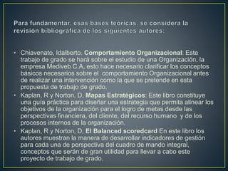 • Chiavenato, Idalberto. Comportamiento Organizacional: Este
trabajo de grado se hará sobre el estudio de una Organización, la
empresa Mediveb C.A, esto hace necesario clarificar los conceptos
básicos necesarios sobre el comportamiento Organizacional antes
de realizar una intervención como la que se pretende en esta
propuesta de trabajo de grado.
• Kaplan, R y Norton, D, Mapas Estratégicos: Este libro constituye
una guía práctica para diseñar una estrategia que permita alinear los
objetivos de la organización para el logro de metas desde las
perspectivas financiera, del cliente, del recurso humano y de los
procesos internos de la organización.
• Kaplan, R y Norton, D, El Balanced scoredcard En este libro los
autores muestran la manera de desarrollar indicadores de gestión
para cada una de perspectiva del cuadro de mando integral,
conceptos que serán de gran utilidad para llevar a cabo este
proyecto de trabajo de grado.
 