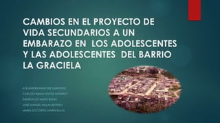 CAMBIOS EN EL PROYECTO DE
VIDA SECUNDARIOS A UN
EMBARAZO EN LOS ADOLESCENTES
Y LAS ADOLESCENTES DEL BARRIO
LA GRACIELA
ALEJANDRA SANCHEZ QUINTERO
CARLOS FABIAN HOYOS MONROY
DANIELA OCAMPO BUILES
JOSE MANUEL MILLAN BOTERO
MARIA SOCORRO MARIN SALAS
 