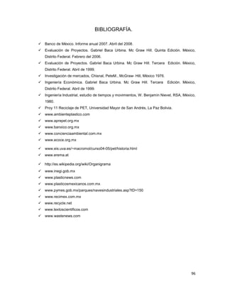 96
BIBLIOGRAFÍA.
Banco de México. Informe anual 2007. Abril del 2008.
Evaluación de Proyectos. Gabriel Baca Urbina. Mc Graw Hill. Quinta Edición. México,
Distrito Federal. Febrero del 2006.
Evaluación de Proyectos. Gabriel Baca Urbina. Mc Graw Hill. Tercera Edición. México,
Distrito Federal. Abril de 1999.
Investigación de mercados, Chisnal, PeteM., McGraw- Hill, México 1976.
Ingeniería Económica. Gabriel Baca Urbina. Mc Graw Hill. Tercera Edición. México,
Distrito Federal. Abril de 1999.
Ingeniería Industrial, estudio de tiempos y movimientos, W. Benjamín Nievel, RSA, México,
1980.
Proy 11 Reciclaje de PET, Universidad Mayor de San Andrés, La Paz Bolivia.
www.ambienteplastico.com
www.aprepet.org.mx
www.banxico.org.mx
www.concienciaambiental.com.mx
www.ecoce.org.mx
www.eis.uva.es/~macromol/curso04-05/pet/historia.html
www.erema.at
http://es.wikipedia.org/wiki/Organigrama
www.inegi.gob.mx
www.plasticnews.com
www.plasticosmexicanos.com.mx
www.pymes.gob.mx/parques/navesindustriales.asp?ID=150
www.recimex.com.mx
www.recycle.net
www.textoscientificos.com
www.wastenews.com
 