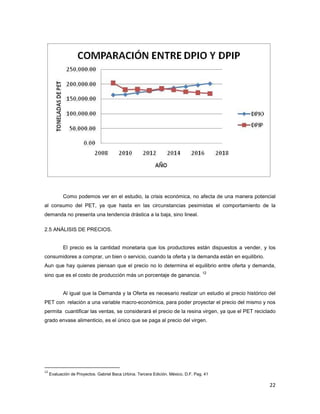 22
Como podemos ver en el estudio, la crisis económica, no afecta de una manera potencial
al consumo del PET, ya que hasta en las circunstancias pesimistas el comportamiento de la
demanda no presenta una tendencia drástica a la baja, sino lineal.
2.5 ANÁLISIS DE PRECIOS.
El precio es la cantidad monetaria que los productores están dispuestos a vender, y los
consumidores a comprar, un bien o servicio, cuando la oferta y la demanda están en equilibrio.
Aun que hay quienes piensan que el precio no lo determina el equilibrio entre oferta y demanda,
sino que es el costo de producción más un porcentaje de ganancia.
12
Al igual que la Demanda y la Oferta es necesario realizar un estudio al precio histórico del
PET con relación a una variable macro-económica, para poder proyectar el precio del mismo y nos
permita cuantificar las ventas, se considerará el precio de la resina virgen, ya que el PET reciclado
grado envase alimenticio, es el único que se paga al precio del virgen.
12
Evaluación de Proyectos. Gabriel Baca Urbina. Tercera Edición. México, D.F. Pag. 41
 