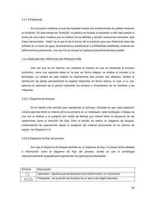 39
3.3.1.6 Paletizado.
Es el proceso mediante el cual las hojuelas limpias son transformadas en pellets mediante
su fundición. En este estado de “fundición” el plástico es forzado e impulsado a salir bajo presión a
través de una matriz metálica que le confiere forma definida y sección transversal constante, esta
matriz denominada “dado” es la que le da la forma útil al producto para que finalmente éste sea
enfriado en un baño de agua, favoreciendo su solidificación y confiriéndole estabilidad, evitando así
deformaciones posteriores. Una vez frío es cortado en pedazos pequeños llamados pellets.
3.3.2 ANÁLISIS DEL PROCESO DE PRODUCCIÓN.
Una vez que se ha descrito con palabras la manera en que se desarrolla el proceso
productivo, viene una segunda etapa en la que, en forma integral, se analice el proceso o la
tecnología. La utilidad de este análisis es básicamente que cumple dos objetivos: facilitar la
distribución de planta aprovechando el espacio disponible en forma óptima, lo cual, a su vez,
optimiza la operación de la planta mejorando los tiempos y movimientos de los hombres y las
máquinas.
3.3.2.1 Diagrama de bloques.
Es el método más sencillo para representar un proceso. Consiste en que cada operación
unitaria ejercida sobre la materia prima se encierra en un rectángulo; cada rectángulo o bloque se
une con el anterior y el posterior por medio de flechas que indican tanto la secuencia de las
operaciones como la dirección del flujo. Para el estudio se realizo un diagrama de bloques,
contemplando las operaciones desde la recepción del material proveniente de los centros de
acopio. Ver Diagrama 3.0
3.3.2.2 Diagrama de flujo del proceso.
Aun que el diagrama de bloques también es un diagrama de flujo, no posee tantos detalles
e información como el diagrama de flujo del proceso, donde se usa la simbología
internacionalmente aceptada para representar las operaciones efectuadas.
Símbolo Descripción
Operación.- significa que se efectuara una transformación en el producto.
Transporte.- es la acción de movilizar de un sitio a otro algún elemento.
 