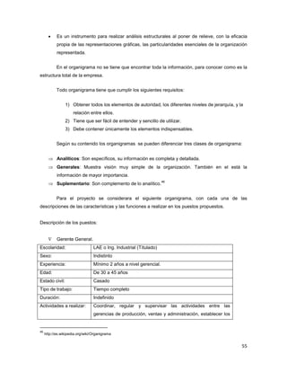 55
• Es un instrumento para realizar análisis estructurales al poner de relieve, con la eficacia
propia de las representaciones gráficas, las particularidades esenciales de la organización
representada.
En el organigrama no se tiene que encontrar toda la información, para conocer como es la
estructura total de la empresa.
Todo organigrama tiene que cumplir los siguientes requisitos:
1) Obtener todos los elementos de autoridad, los diferentes niveles de jerarquía, y la
relación entre ellos.
2) Tiene que ser fácil de entender y sencillo de utilizar.
3) Debe contener únicamente los elementos indispensables.
Según su contenido los organigramas se pueden diferenciar tres clases de organigrama:
⇒ Analíticos: Son específicos, su información es completa y detallada.
⇒ Generales: Muestra visión muy simple de la organización. También en el está la
información de mayor importancia.
⇒ Suplementario: Son complemento de lo analítico.
46
Para el proyecto se considerara el siguiente organigrama, con cada una de las
descripciones de las características y las funciones a realizar en los puestos propuestos.
Descripción de los puestos:
∇ Gerente General.
Escolaridad: LAE o Ing. Industrial (Títulado)
Sexo: Indistinto
Experiencia: Mínimo 2 años a nivel gerencial.
Edad: De 30 a 45 años
Estado civil: Casado
Tipo de trabajo: Tiempo completo
Duración: Indefinido
Actividades a realizar: Coordinar, regular y supervisar las actividades entre las
gerencias de producción, ventas y administración, establecer los
46
http://es.wikipedia.org/wiki/Organigrama
 