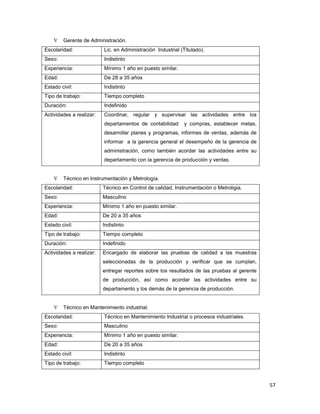 57
∇ Gerente de Administración.
Escolaridad: Lic. en Administración Industrial (Titulado).
Sexo: Indistinto
Experiencia: Mínimo 1 año en puesto similar.
Edad: De 28 a 35 años
Estado civil: Indistinto
Tipo de trabajo: Tiempo completo
Duración: Indefinido
Actividades a realizar: Coordinar, regular y supervisar las actividades entre los
departamentos de contabilidad y compras, establecer metas,
desarrollar planes y programas, informes de ventas, además de
informar a la gerencia general el desempeño de la gerencia de
administración, como también acordar las actividades entre su
departamento con la gerencia de producción y ventas.
∇ Técnico en Instrumentación y Metrología.
Escolaridad: Técnico en Control de calidad, Instrumentación o Metroligia.
Sexo: Masculino
Experiencia: Mínimo 1 año en puesto similar.
Edad: De 20 a 35 años
Estado civil: Indistinto
Tipo de trabajo: Tiempo completo
Duración: Indefinido
Actividades a realizar: Encargado de elaborar las pruebas de calidad a las muestras
seleccionadas de la producción y verificar que se cumplan,
entregar reportes sobre los resultados de las pruebas al gerente
de producción, así como acordar las actividades entre su
departamento y los demás de la gerencia de producción.
∇ Técnico en Mantenimiento industrial.
Escolaridad: Técnico en Mantenimiento Industrial o procesos industriales.
Sexo: Masculino
Experiencia: Mínimo 1 año en puesto similar.
Edad: De 20 a 35 años
Estado civil: Indistinto
Tipo de trabajo: Tiempo completo
 