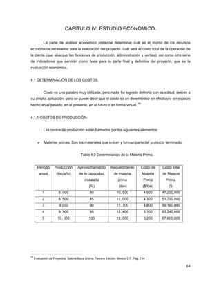 64
CAPÍTULO IV. ESTUDIO ECONÓMICO.
La parte de análisis económico pretende determinar cuál es el monto de los recursos
económicos necesarios para la realización del proyecto, cuál será el costo total de la operación de
la planta (que abarque las funciones de producción, administración y ventas), así como otra serie
de indicadores que servirán como base para la parte final y definitiva del proyecto, que es la
evaluación económica.
4.1 DETERMINACIÓN DE LOS COSTOS.
Costo es una palabra muy utilizada, pero nadie ha logrado definirla con exactitud, debido a
su amplia aplicación, pero se puede decir que el costo es un desembolso en efectivo o en especie
hecho en el pasado, en el presente, en el futuro o en forma virtual.
50
4.1.1 COSTOS DE PRODUCCIÓN.
Los costos de producción están formados por los siguientes elementos:
Materias primas. Son los materiales que entran y forman parte del producto terminado.
Tabla 4.0 Determinación de la Materia Prima.
Periodo
anual
Producción
(ton/año)
Aprovechamiento
de la capacidad
instalada
(%)
Requerimiento
de materia
prima
(ton)
Costo de
Materia
Prima
($/ton)
Costo total
de Materia
Prima.
($)
1 8, 000 80 10, 500 4,500 47,250,000
2 8, 500 85 11, 000 4,700 51,700,000
3 9,000 90 11, 700 4,800 56,160,000
4 9, 500 95 12, 400 5,100 63,240,000
5 10, 000 100 13, 000 5,200 67,600,000
50
Evaluación de Proyectos. Gabriel Baca Urbina. Tercera Edición. México D.F. Pag. 134.
 