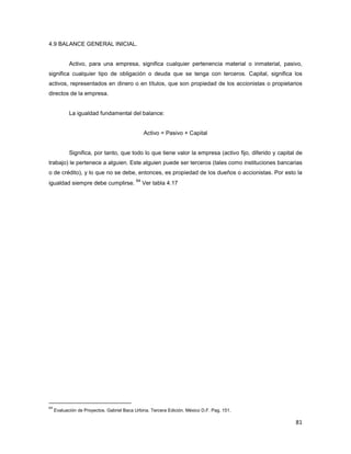81
4.9 BALANCE GENERAL INICIAL.
Activo, para una empresa, significa cualquier pertenencia material o inmaterial, pasivo,
significa cualquier tipo de obligación o deuda que se tenga con terceros. Capital, significa los
activos, representados en dinero o en títulos, que son propiedad de los accionistas o propietarios
directos de la empresa.
La igualdad fundamental del balance:
Activo = Pasivo + Capital
Significa, por tanto, que todo lo que tiene valor la empresa (activo fijo, diferido y capital de
trabajo) le pertenece a alguien. Este alguien puede ser terceros (tales como instituciones bancarias
o de crédito), y lo que no se debe, entonces, es propiedad de los dueños o accionistas. Por esto la
igualdad siempre debe cumplirse.
64
Ver tabla 4.17
64
Evaluación de Proyectos. Gabriel Baca Urbina. Tercera Edición. México D.F. Pag. 151.
 