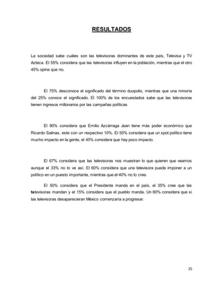 25 
RESULTADOS 
La sociedad sabe cuáles son las televisoras dominantes de este país, Televisa y TV 
Azteca. El 55% considera que las televisoras influyen en la población, mientras que el otro 
45% opina que no. 
El 75% desconoce el significado del término duopolio, mientras que una minoría 
del 25% conoce el significado. El 100% de los encuestados sabe que las televisoras 
tienen ingresos millonarios por las campañas políticas 
El 90% considera que Emilio Azcárraga Jean tiene más poder económico que 
Ricardo Salinas, este con un respectivo 10%. El 55% considera que un spot político tiene 
mucho impacto en la gente, el 45% considera que hay poco impacto. 
El 67% considera que las televisoras nos muestran lo que quieren que veamos 
aunque el 33% no lo ve así. El 60% considera que una televisora puede imponer a un 
político en un puesto importante, mientras que el 40% no lo cree. 
El 50% considera que el Presidente manda en el país, el 35% cree que las 
televisoras mandan y el 15% considera que el pueblo manda. Un 60% considera que si 
las televisoras desaparecieran México comenzaría a progresar. 
 