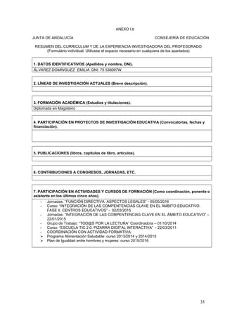 35
ANEXO I.b
JUNTA DE ANDALUCÍA CONSEJERÍA DE EDUCACIÓN
RESUMEN DEL CURRICULUM Y DE LA EXPERIENCIA INVESTIGADORA DEL PROFESORADO
(Formulario individual. Utilícese el espacio necesario en cualquiera de los apartados)
1. DATOS IDENTIFICATIVOS (Apellidos y nombre, DNI).
ÁLVAREZ DOMÍNGUEZ EMILIA. DNI: 75 538097W
2. LÍNEAS DE INVESTIGACIÓN ACTUALES (Breve descripción).
3. FORMACIÓN ACADÉMICA (Estudios y titulaciones).
Diplomada en Magisterio
4. PARTICIPACIÓN EN PROYECTOS DE INVESTIGACIÓN EDUCATIVA (Convocatorias, fechas y
financiación).
5. PUBLICACIONES (libros, capítulos de libro, artículos).
6. CONTRIBUCIONES A CONGRESOS, JORNADAS, ETC.
7. PARTICIPACIÓN EN ACTIVIDADES Y CURSOS DE FORMACIÓN (Como coordinación, ponente o
asistente en los últimos cinco años).
- Jornadas. “FUNCIÓN DIRECTIVA: ASPECTOS LEGALES” - 05/05/2016
- Curso: “INTEGRACIÓN DE LAS COMPENTENCIAS CLAVE EN EL ÁMBITO EDUCATIVO.
FASE II. CENTROS EDUCATIVOS” - 02/03/2015
- Jornadas: “INTEGRACIÓN DE LAS COMPENTENCIAS CLAVE EN EL ÁMBITO EDUCATIVO” –
22/01/2015
- Grupo de Trabajo: “TOD@S POR LA LECTURA” Coordinadora – 01/10/2014
- Curso: “ESCUELA TIC 2.0. PIZARRA DIGITAL INTERACTIVA” - 22/03/2011
- COORDINACIÓN CON ACTIVIDAD FORMATIVA:
 Programa Alimentación Saludable: curso 2013/2014 y 2014/2015
 Plan de Igualdad entre hombres y mujeres: curso 2015/2016
 