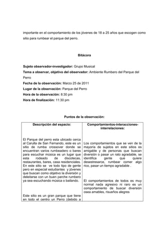 importante en el comportamiento de los jóvenes de 18 a 25 años que escogen como
sitio para rumbear el parque del perro.




                                      Bitácora


Sujeto observador-investigador: Grupo Musical
Tema a observar, objetivo del observador: Ambiente Rumbero del Parque del
Perro
Fecha de la observación: Marzo 25 de 2011
Lugar de la observación: Parque del Perro
Hora de la observación: 8:30 pm
Hora de finalización: 11:30 pm




                             Puntos de la observación:

        Descripción del espacio:             Comportamientos-interacciones-
                                                    interrelaciones:


El Parque del perro esta ubicado cerca
al Carulla de San Fernando, este es un     Los comportamientos que se ven de la
sitio de rumba crossover donde se          mayoría de sujetos en este sitios es
encuentran varios rumbeadero o bares       amigable y de personas que buscan
para escuchar música es un lugar que       diversión o pasar un rato agradable, se
esta     rodeado      de    discotecas,    identifica     gente     que      quiere
restaurantes, bares, casa residenciales.   desestresarce, rumbear comer algo
En este sitio se ve todo tipo de gente     rico, pasar un tiempo agradable .
pero en especial estudiantes y jóvenes
que buscan como objetivo la diversión y
deleitarse con un buen parche rumbero
ya sea escuchando música o bailando.       El comportamientos de todos es muy
                                           normal nada agresivo ni raro es un
                                           comportamiento de buscar diversión
                                           osea amables, risueños alegres
Este sitio es un gran parque que tiene
en todo el centro un Perro (debido a
 