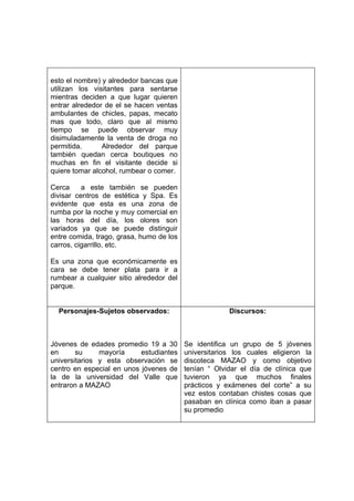 esto el nombre) y alrededor bancas que
utilizan los visitantes para sentarse
mientras deciden a que lugar quieren
entrar alrededor de el se hacen ventas
ambulantes de chicles, papas, mecato
mas que todo, claro que al mismo
tiempo se puede observar muy
disimuladamente la venta de droga no
permitida.      Alrededor del parque
también quedan cerca boutiques no
muchas en fin el visitante decide si
quiere tomar alcohol, rumbear o comer.

Cerca     a este también se pueden
divisar centros de estética y Spa. Es
evidente que esta es una zona de
rumba por la noche y muy comercial en
las horas del día, los olores son
variados ya que se puede distinguir
entre comida, trago, grasa, humo de los
carros, cigarrillo, etc.

Es una zona que económicamente es
cara se debe tener plata para ir a
rumbear a cualquier sitio alrededor del
parque.


  Personajes-Sujetos observados:                       Discursos:



Jóvenes de edades promedio 19 a 30        Se identifica un grupo de 5 jóvenes
en      su     mayoría     estudiantes    universitarios los cuales eligieron la
universitarios y esta observación se      discoteca MAZAO y como objetivo
centro en especial en unos jóvenes de     tenían “ Olvidar el día de clínica que
la de la universidad del Valle que        tuvieron ya que muchos finales
entraron a MAZAO                          prácticos y exámenes del corte” a su
                                          vez estos contaban chistes cosas que
                                          pasaban en clínica como iban a pasar
                                          su promedio
 