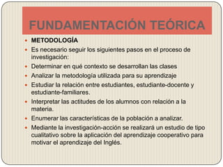 FUNDAMENTACIÓN TEÓRICAMETODOLOGÍAEs necesario seguir los siguientes pasos en el proceso de investigación:Determinar en qué contexto se desarrollan las clasesAnalizar la metodología utilizada para su aprendizajeEstudiar la relación entre estudiantes, estudiante-docente y estudiante-familiares.Interpretar las actitudes de los alumnos con relación a la materia.Enumerar las características de la población a analizar.Mediante la investigación-acción se realizará un estudio de tipo cualitativo sobre la aplicación del aprendizaje cooperativo para motivar el aprendizaje del Inglés.