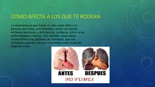 COMO AFECTA A LOS QUE TE RODEAN
Lo alarmante es que fumar no sólo causa daño a la
persona que fuma, provocándole cáncer de pulmón,
enfisema pulmonar y deficiencias cardiacas, entre otras
enfermedades crónicas, sino también causa daños
irreversibles a las personas de alrededor, que son
fumadores pasivos, los que conocemos como humo de
Segunda mano.