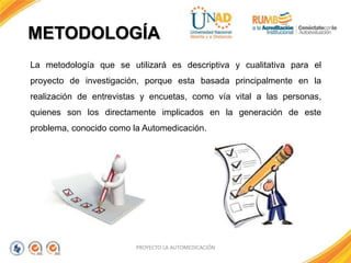 METODOLOGÍA
PROYECTO LA AUTOMEDICACIÓN
La metodología que se utilizará es descriptiva y cualitativa para el
proyecto de investigación, porque esta basada principalmente en la
realización de entrevistas y encuetas, como vía vital a las personas,
quienes son los directamente implicados en la generación de este
problema, conocido como la Automedicación.
 