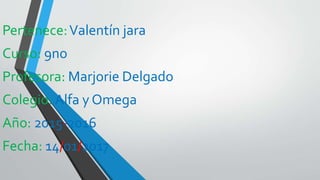 Pertenece:Valentín jara
Curso: 9no
Profesora: Marjorie Delgado
Colegio: Alfa y Omega
Año: 2015-2016
Fecha: 14/01/2017
 