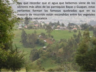 Hay que recordar que el agua que bebemos viene de los sectores más altos de las parroquias Bayas y Guapan, estas vertientes forman las famosas quebradas que en su mayoría de recorrido están escondidas entre los vegetales de la madre naturaleza. 