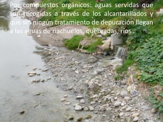 Por compuestos orgánicos: aguas servidas que son recogidas a través de los alcantarillados y que sin ningún tratamiento de depuración llegan a las aguas de riachuelos, quebradas, ríos .