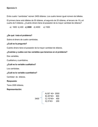Ejercicio 3:
Entre cuatro “cambistas” reúnen 3400 dólares. Los cuatro tienen igual número de billetes.
El primero tiene solo billetes de 50 dólares, el segundo de 20 dólares, el tercero de 10 y el
cuarto de 5 dólares. ¿Cuánto dinero tiene el poseedor de la mayor cantidad de dólares?
a) 1600 b) 400 c) 2000 d) 4000 e) 1500
¿De qué trata el problema?
Sobre el dinero de cuatro cambistas.
¿Cuál es la pregunta?
Cuánto dinero tiene el poseedor de la mayor cantidad de dólares.
¿Cuántas y cuáles son las variables que tenemos en el problema?
Dos variables.
Cualitativa y cuantitativa.
¿Cuál es la variable cualitativa?
Los cambistas.
¿Cuál es la variable cuantitativa?
Cantidad de dólares.
Respuesta:
Tiene 2000 dólares.
Representación:
A) 50* 40= 2000
B) 20*40= 800
3400 C) 10*40= 400
D) 5*40= 200
 