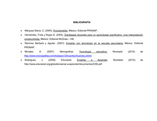 BIBLIOGRAFÍA


   Márquez Elena, C. (2005). Enciclomedia. México: Editorial PRONAP.
   Hernández, Frida y Rojas G. (2004). Estrategias docentes para un aprendizaje significativo. Una interpretación
    constructivista. México: Editorial McGraw – Hill.
   Ramírez Barbará y Aguilar. (2007). Enseñar con tecnología en la escuela secundaria. México: Editorial
    PRONAP.
   Morales,      A.      (2007).     Monografías.       Tecnología       educativa.   Revisado     (2010)     de
    http://www.monografias.com/trabajos13/lnuevtec/lnuevtec.shtml.
   Rodriguez,      J.     (2009).      Educared.       Enseñar       a    Aprender.   Revidado     (2010)     de
    http://www.educared.org/global/ensenar-a-aprender/documentos/CD6.pdf.
 