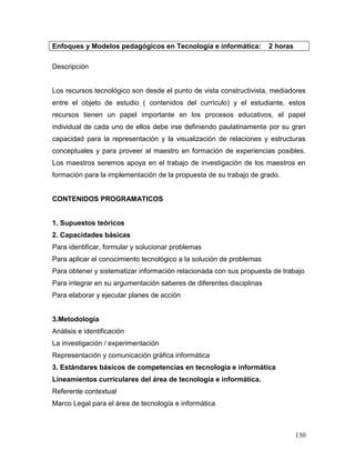 Enfoques y Modelos pedagógicos en Tecnología e informática:           2 horas

Descripción


Los recursos tecnológico son desde el punto de vista constructivista, mediadores
entre el objeto de estudio ( contenidos del currículo) y el estudiante, estos
recursos tienen un papel importante en los procesos educativos, el papel
individual de cada uno de ellos debe irse definiendo paulatinamente por su gran
capacidad para la representación y la visualización de relaciones y estructuras
conceptuales y para proveer al maestro en formación de experiencias posibles.
Los maestros seremos apoya en el trabajo de investigación de los maestros en
formación para la implementación de la propuesta de su trabajo de grado.


CONTENIDOS PROGRAMATICOS


1. Supuestos teóricos
2. Capacidades básicas
Para identificar, formular y solucionar problemas
Para aplicar el conocimiento tecnológico a la solución de problemas
Para obtener y sistematizar información relacionada con sus propuesta de trabajo
Para integrar en su argumentación saberes de diferentes disciplinas
Para elaborar y ejecutar planes de acción


3.Metodología
Análisis e identificación
La investigación / experimentación
Representación y comunicación gráfica informática
3. Estándares básicos de competencias en tecnología e informática
Lineamientos curriculares del área de tecnología e informática.
Referente contextual
Marco Legal para el área de tecnología e informática



                                                                                130
 