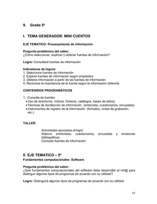 9.   Grado 5º


I. TEMA GENERADOR: MINI CUENTOS

EJE TEMATICO: Procesamiento de información

Pregunta problémica del saber:
¿Cómo seleccionar, explorar y obtener fuentes de información?

Logro: Consultará fuentes de información

Indicadores de logros:
1. Selecciona fuentes de información
2. Explora fuentes de información según propósitos
3. Obtiene información a partir de las fuentes de información
4. Reconoce la importancia de la fuente según la información obtenida

CONTENIDOS PROGRAMÁTICOS

1. Consulta de fuentes
   Uso de directorios, índices, ficheros, catálogos, bases de datos)
   Técnicas de recolección de información (entrevista, cuestionarios, encuestas)
   Instrumentos de registro de la información (formatos, cintas de grabación,
    etc.)


TALLER:

             Actividades asociadas al logro
             Elaboro entrevistas, cuestionarios,      encuestas    y    revisiones
             bibliográficas
             Consulto fuentes de información



II. EJE TEMATICO – 5º
Fundamentos computacionales: Software

Pregunta problémica del saber:
¿Qué fundamentos computacionales del software debe desarrollar el niñ@ para
distinguir algunos tipos de programas de acuerdo con su utilidad?

Logro: Distinguirá algunos tipos de programas de acuerdo con su utilidad


                                                                               65
 