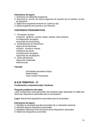 Indicadores de logros:
1. Interactúa con diferentes programas
2. Reconoce la función de varios programas de acuerdo con la interfaz y el tipo
  de aplicación
3. Selecciona programas teniendo en cuenta su tipo
4. Utiliza programas de acuerdo a una intención

CONTENIDOS PROGRAMÁTICOS

1. Procesador de texto
   Inserción (gráficos, cuadros, tablas, diseños, texto artístico)
   Configuración de página
   Impresión de documentos
2. Presentaciones en PowerPoint
   Barra de herramientas
   Edición , formato e insertar
   Sistemas de ayuda
   Configuración de página
   Opciones de visualización
3. Otras aplicaciones
   Recursos multimedia
   Micromundo

TALLER:

              Actividades asociadas al logro
              Diseño títulos
              Creo e ilustro minicuentos


III. EJE TEMATICO – 5º
Fundamentos computacionales: Hardware

Pregunta problémica del saber:
¿Qué fundamentos computacionales del hardware debe desarrollar el niñ@ para
reconocer dispositivos opcionales para el computador?

Logro: Reconocerá dispositivos opcionales para el computador

Indicadores de logros:
1. Identifica la necesidad que lleva al empleo de un dispositivo opcional
2. Identifica algunos dispositivos opcionales
3. Establece relaciones entre funciones de los dispositivos opcionales
4. Selecciona dispositivos opcionales



                                                                            66
 