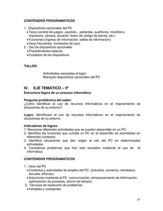 CONTENIDOS PROGRAMÁTICOS

1. Dispositivos opcionales del PC
   Tipos (control de juegos –joystick–, parlantes, audífonos, micrófono,
    impresora, cámara, escáner, lector de código de barras, etc.)
   Funciones (ingreso de información, salida de información)
   Usos frecuentes (contextos de uso)
2. Uso de dispositivos opcionales
   Procedimientos básicos
   Cuidados de los dispositivos


TALLER:

             Actividades asociadas al logro
             Manipulo dispositivos opcionales del PC


IV.   EJE TEMATICO – 5º
Estructura lógica de un proceso informático

Pregunta problémica del saber:
¿Cómo identificar el uso de recursos informáticos en el mejoramiento de
situaciones de su entorno?

Logro: Identificará el uso de recursos informáticos en el mejoramiento de
situaciones de su entorno

Indicadores de logros:
1. Reconoce diferentes actividades que se pueden desarrollar en un PC
2. Identifica las funciones que cumple un PC en el desarrollo de actividades en
  diferentes contextos
3. Identifica situaciones que dan origen al uso del PC en determinadas
  actividades
4. Caracteriza problemas que han sido resueltos mediante el uso de la
  informática

CONTENIDOS PROGRAMÁTICOS

1. Usos del PC
   Contextos y actividades de empleo del PC (Industria, comercio, doméstico,
    escuela, oficinas)
   Soluciones mediante el PC (comunicación, almacenamiento de Información,
    optimización de procesos, ahorro de tiempo)
 2. Técnicas de resolución de problemas
   Variables y constantes


                                                                            67
 