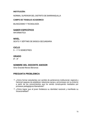 INSTITUCIÓN:

NORMAL SUPERIOR DEL DISTRITO DE BARRANQUILLA

CAMPO DE TRABAJO ACADEMICO

BILINGÜISMO Y TECNOLOGÍA


SABER ESPECÍFICO
INFORMATICA


NIVEL
SEXTO Y SÉPTIMO DE BÁSICA SECUNDARIA


CICLO
5 - I Y II SEMESTRES


GRADO
8º - 9º


NOMBRE DEL DOCENTE ASESOR
Gina Graciela Nieves Bárcenas


PREGUNTA PROBLEMICA

 ¿Cómo formar estudiantes con sentido de pertenencia institucional, regional y
  nacional capaces de establecer relaciones sanas y armoniosas con su entorno
  a partir de los conocimientos que ha venido construyendo mediados por
  procesos pedagógicos liberadores?
 ¿Cómo lograr que el joven fortalezca su identidad nacional y manifieste su
  vocacionalidad?




                                                                            78
 