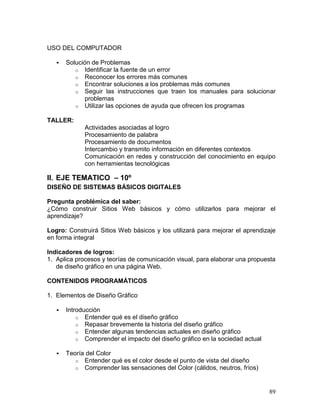 USO DEL COMPUTADOR

      Solución de Problemas
          o Identificar la fuente de un error
          o Reconocer los errores más comunes
          o Encontrar soluciones a los problemas más comunes
          o Seguir las instrucciones que traen los manuales para solucionar
             problemas
          o Utilizar las opciones de ayuda que ofrecen los programas

TALLER:
             Actividades asociadas al logro
             Procesamiento de palabra
             Procesamiento de documentos
             Intercambio y transmito información en diferentes contextos
             Comunicación en redes y construcción del conocimiento en equipo
             con herramientas tecnológicas

II. EJE TEMATICO – 10º
DISEÑO DE SISTEMAS BÁSICOS DIGITALES

Pregunta problémica del saber:
¿Cómo construir Sitios Web básicos y cómo utilizarlos para mejorar el
aprendizaje?

Logro: Construirá Sitios Web básicos y los utilizará para mejorar el aprendizaje
en forma integral

Indicadores de logros:
1. Aplica procesos y teorías de comunicación visual, para elaborar una propuesta
   de diseño gráfico en una página Web.

CONTENIDOS PROGRAMÁTICOS

1. Elementos de Diseño Gráfico

      Introducción
           o Entender qué es el diseño gráfico
           o Repasar brevemente la historia del diseño gráfico
           o Entender algunas tendencias actuales en diseño gráfico
           o Comprender el impacto del diseño gráfico en la sociedad actual

      Teoría del Color
          o Entender qué es el color desde el punto de vista del diseño
          o Comprender las sensaciones del Color (cálidos, neutros, fríos)



                                                                              89
 