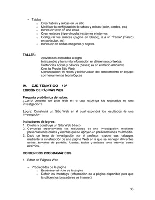    Tablas
             o Crear tablas y celdas en un sitio
             o Modificar la configuración de tablas y celdas (color, bordes, etc)
             o Introducir texto en una celda
             o Crear enlaces (hipervínculos) externos e internos
             o Configurar los enlaces (página en blanco), ir a un "frame" (marco)
                en particular, etc)
             o Introducir en celdas imágenes y objetos



TALLER:
                Actividades asociadas al logro
                Intercambio y transmito información en diferentes contextos
                Sustancias ácidas y básicas (bases) es en el medio ambiente.
                Crea tu Propio Sitio Web
                Comunicación en redes y construcción del conocimiento en equipo
                con herramientas tecnológicas


IV.       EJE TEMATICO – 10º
EDICIÓN DE PÁGINAS WEB

Pregunta problémica del saber:
¿Cómo construir un Sitio Web en el cual exponga los resultados de una
investigación?

Logro: Construirá un Sitio Web en el cual expondrá los resultados de una
investigación

Indicadores de logros:
1. Diseña y construye un Sitio Web básico.
2. Comunica efectivamente los resultados de una investigación mediante
   presentaciones orales y escritas que se apoyen en presentaciones multimedia.
3. Dado un tema de investigación por el profesor, expone sus hallazgos
   mediante la construcción de una página Web en la que se manejen diferentes
   estilos, tamaños de pantalla, fuentes, tablas y enlaces tanto internos como
   externos.

CONTENIDOS PROGRAMÁTICOS

1. Editor de Páginas Web

         Propiedades de la página
             o Establecer el título de la página
             o Definir los 'metatags' (información de la página disponible para que
                la utilicen los buscadores de Internet)


                                                                                93
 