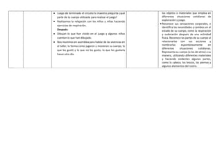  Luego de terminado el circuito la maestra pregunta ¿qué
parte de tu cuerpo utilizaste para realizar el juego?
 Realizamos la relajación con los niños y niñas haciendo
ejercicios de respiración.
Después:
 Dibujan lo que han vivido en el juego y algunos niños
cuentan lo que han dibujado.
 Nos reunimos en asamblea para hablar de las vivencias en
el taller, la forma como jugaron y movieron su cuerpo, lo
que les gustó y lo que no les gusto, lo que les gustaría
hacer otro día.
los objetos o materiales que emplea en
diferentes situaciones cotidianas de
exploración y juego.
 Reconoce sus sensaciones corporales, e
identifica las necesidades y cambios en el
estado de su cuerpo, como la respiración
y sudoración después de una actividad
física. Reconoce las partes de su cuerpo al
relacionarlas con sus acciones y
nombrarlas espontáneamente en
diferentes situaciones cotidianas.
Representa su cuerpo (o los de otros) a su
manera, utilizando diferentes materiales
y haciendo evidentes algunas partes,
como la cabeza, los brazos, las piernas y
algunos elementos del rostro.
 
