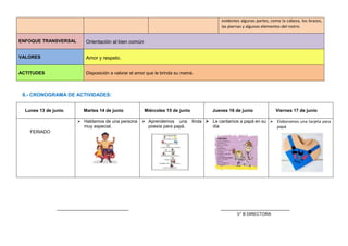 evidentes algunas partes, como la cabeza, los brazos,
las piernas y algunos elementos del rostro.
ENFOQUE TRANSVERSAL Orientación al bien común
VALORES Amor y respeto.
ACTITUDES Disposición a valorar el amor que le brinda su mamá.
8.- CRONOGRAMA DE ACTIVIDADES:
Lunes 13 de junio Martes 14 de junio Miércoles 15 de junio Jueves 16 de junio Viernes 17 de junio
FERIADO
 Hablamos de una persona
muy especial.
 Aprendemos una linda
poesía para papá.
 Le cantamos a papá en su
día
 Elaboramos una tarjeta para
papá
__________________________ _________________________
V° B DIRECTORA
 