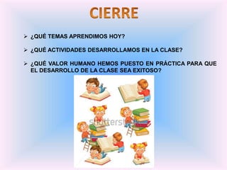  ¿QUÉ TEMAS APRENDIMOS HOY?
 ¿QUÉ ACTIVIDADES DESARROLLAMOS EN LA CLASE?
 ¿QUÉ VALOR HUMANO HEMOS PUESTO EN PRÁCTICA PARA QUE
EL DESARROLLO DE LA CLASE SEA EXITOSO?
 