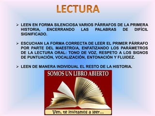  LEEN EN FORMA SILENCIOSA VARIOS PÁRRAFOS DE LA PRIMERA
HISTORIA, ENCERRANDO LAS PALABRAS DE DIFÍCIL
SIGNIFICADO.
 ESCUCHAN LA FORMA CORRECTA DE LEER EL PRIMER PÁRRAFO
POR PARTE DEL MAESTRO/A, ENFATIZANDO LOS PARÁMETROS
DE LA LECTURA ORAL: TONO DE VOZ, RESPETO A LOS SIGNOS
DE PUNTUACIÓN, VOCALIZACIÓN, ENTONACIÓN Y FLUIDEZ.
 LEEN DE MANERA INDIVIDUAL EL RESTO DE LA HISTORIA.
 