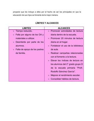 proyecto que los incluye a ellos por el hecho de ser los principales en que la
educación de sus hijos se fomente de la mejor manera.

LÍMITES Y ALCANCES
LIMITES
Tiempo reducido.

ALCANCES
Promover actividades de lectura

Falla por alguno de los OA y

diaria dentro de la escuela.

materiales a utilizar.

Promover 20 minutos de lectura

Desinterés por parte de los

diaria en el hogar.

alumnos.

Fortalecer el uso de la biblioteca

Falta de apoyo de los padres

de aula.

de familia.

Realizar campañas relacionadas
con el fomento a la lectura.
Elevar los índices de lectura en
los alumnos del 2° grado grupo D
de la escuela primaria “Profr.
Rodolfo Sánchez García”.
Mejorar el rendimiento escolar.
Consolidar hábitos de lectura.

 