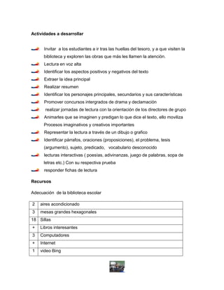 Actividades a desarrollar


      Invitar a los estudiantes a ir tras las huellas del tesoro, y a que visiten la
      biblioteca y exploren las obras que más les llamen la atención.
      Lectura en voz alta
      Identificar los aspectos positivos y negativos del texto
      Extraer la idea principal
      Realizar resumen
      Identificar los personajes principales, secundarios y sus características
      Promover concursos intergrados de drama y declamación
       realizar jornadas de lectura con la orientación de los directores de grupo
      Animarles que se imaginen y predigan lo que dice el texto, ello moviliza
      Procesos imaginativos y creativos importantes
      Representar la lectura a través de un dibujo o grafico
      Identificar párrafos, oraciones (proposiciones), el problema, tesis
      (argumento), sujeto, predicado, vocabulario desconocido
      lecturas interactivas ( poesías, adivinanzas, juego de palabras, sopa de
      letras etc.) Con su respectiva prueba
      responder fichas de lectura

Recursos

Adecuación de la biblioteca escolar

2   aires acondicionado
3   mesas grandes hexagonales
18 Sillas
+   Libros interesantes
3   Computadores
+   Internet
1   video Bing
 