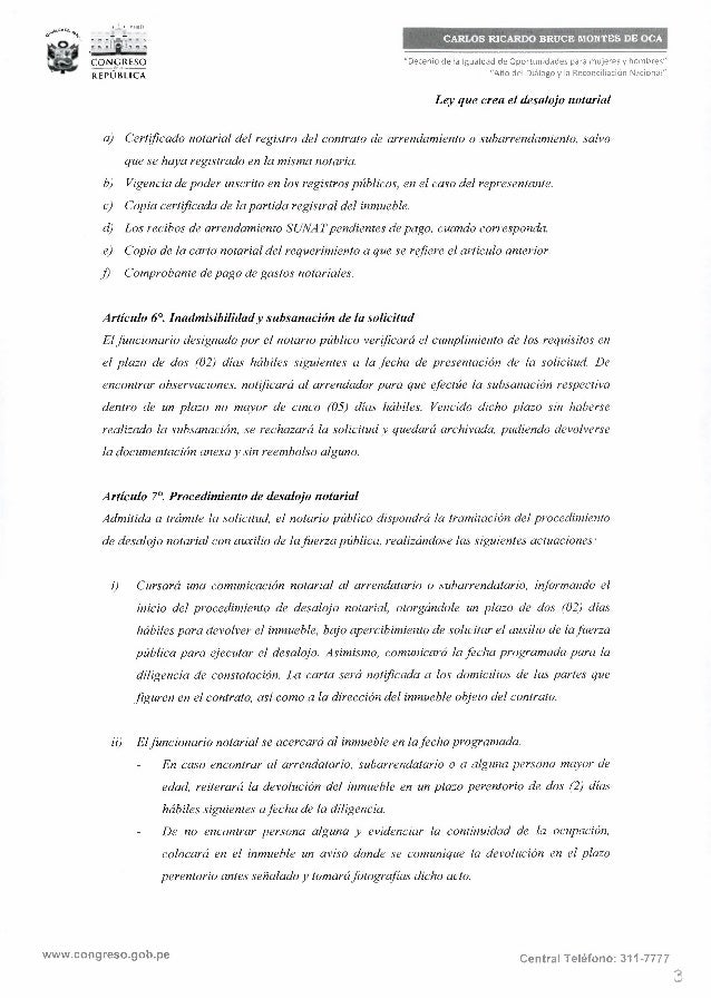 Proyecto de ley de desalojo notarial