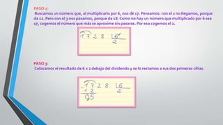 PASO 2:
Buscamos un número que, al multiplicarlo por 6, nos dé 17. Pensamos: con el 2 no llegamos, porque
da 12. Pero con el 3 nos pasamos, porque da 18. Como no hay un número que multiplicado por 6 sea
17, cogemos el número que más se aproxime sin pasarse. Por eso cogemos el 2.
PASO 3:
Colocamos el resultado de 6 x 2 debajo del dividendo y se lo restamos a sus dos primeras cifras.
 