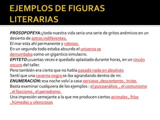 PROSOPOPEYA:¿toda nuestra vida seria una serie de gritos anémicos en un
desierto de astros indiferentes.
El mar esta ahí permanente y rabioso.
En un segundo todo estaba absurdo el universo se
derrumbaba como un gigantico simulacro.
EPITETO:¡cuantas veces e quedado aplastado durante horas, en un rincón
oscuro del taller.
Pero también era cierto que no había pasado nada en absoluto
Sentí que una caverna negra se iba agrandando dentro de mi.
ENUMERACION: esa noche volví a casa nervioso ,descontento , triste.
Basta examinar cualquiera de los ejemplos : el psicoanálisis , el comunismo
, el fascismo , el periodismo.
Una impresión semejante a la que me producen ciertos animales , fríos
, húmedos y silenciosos
 