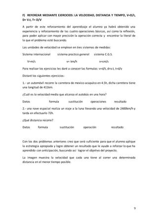 9
F) REFORZAR MEDIANTE EJERCICIOS: LA VELOCIDAD, DISTANCIA Y TIEMPO, V=D/t,
D= V.t, T= D/V
A partir de este reforzamiento del aprendizaje el alumno ya habrá obtenido una
experiencia y reforzamiento de las cuatro operaciones básicas, así como la reflexión,
para poder aplicar con mayor precisión la operación correcta y encontrar la literal de
la que el problema esté buscando.
Las unidades de velocidad se emplean en tres sistemas de medidas:
Sistema internacional sistema practico general sistema C.G.S.
V=m/s v= km/h v=cm/s
Para realizar los ejercicios les daré a conocer las formulas: v=d/t, d=v.t, t=d/v
Dictaré los siguientes ejercicios:
1.- un automóvil recorre la carretera de mexico-acapulco en 4.5h, dicha carretera tiene
una longitud de 411km.
¿Cuál es la velocidad media que alcanza el autobús en una hora?
Datos formula sustitución operaciones resultado
2.- una nave espacial realiza un viaje a la luna llevando una velocidad de 2400km/h y
tarda en efectuarlo 72h.
¿Qué distancia recorre?
Datos formula sustitución operación resultado
Con los dos problemas anteriores creo que será suficiente para que el alumno aplique
la estrategia apropiada y logre obtener un resultado que le ayude a reforzar lo que ha
aprendido con anticipación, buscando así lograr el objetivo del proyecto.
La imagen muestra la velocidad que cada uno tiene al correr una determinada
distancia en el menor tiempo posible.
 
