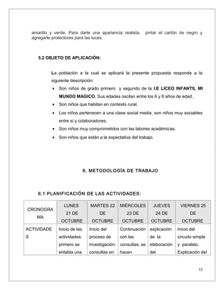 amarillo y verde. Para darle una apariencia realista,
agregarle protectores para las luces.

pintar el cartón de negro y

5.2 OBJETO DE APLICACIÓN:
La población a la cual se aplicará la presente propuesta responde a la
siguiente descripción:
•

Son niños de grado primero y segundo de la I.E LICEO INFANTIL MI
MUNDO MAGICO, Sus edades oscilan entre los 6 y 8 años de edad.

•

Son niños que habitan en contexto rural.

•

Los niños pertenecen a una clase social media, son niños muy sociables
entre si y colaboradores.

•

Son niños muy comprometidos con las labores académicas.

•

Son niños que están a la expectativa del trabajo.

6. METODOLOGÍA DE TRABAJO

6.1 PLANIFICACIÓN DE LAS ACTIVIDADES:
CRONOGRA
MA

LUNES

MARTES 22

MIÉRCOLES

JUEVES

VIERNES 25

21 DE

DE

23 DE

24 DE

DE

OCTUBRE

OCTUBRE

OCTUBRE

OCTUBRE

OCTUBRE

ACTIVIDADE

Inicio de las

Inicio del

Continuación explicación

Inicio del

S

actividades:

proceso de

con las

circuito simple

primero se

investigación: consultas, se elaboración

y paralelo.

entabla una

consultas en

Explicación del

hacen

de la
del

11

 