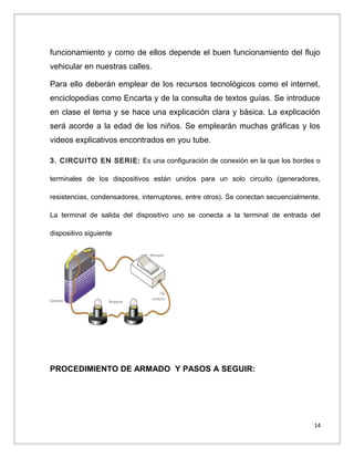 funcionamiento y como de ellos depende el buen funcionamiento del flujo
vehicular en nuestras calles.
Para ello deberán emplear de los recursos tecnológicos como el internet,
enciclopedias como Encarta y de la consulta de textos guías. Se introduce
en clase el tema y se hace una explicación clara y básica. La explicación
será acorde a la edad de los niños. Se emplearán muchas gráficas y los
videos explicativos encontrados en you tube.
3. CIRCUITO EN SERIE: Es una configuración de conexión en la que los bordes o
terminales de los dispositivos están unidos para un solo circuito (generadores,
resistencias, condensadores, interruptores, entre otros). Se conectan secuencialmente.
La terminal de salida del dispositivo uno se conecta a la terminal de entrada del
dispositivo siguiente

PROCEDIMIENTO DE ARMADO Y PASOS A SEGUIR:

14

 