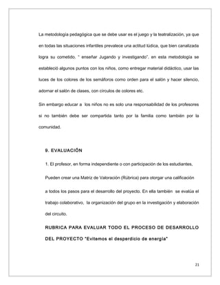 La metodología pedagógica que se debe usar es el juego y la teatralización, ya que
en todas las situaciones infantiles prevalece una actitud lúdica, que bien canalizada
logra su cometido. “ enseñar Jugando y investigando”. en esta metodología se
estableció algunos puntos con los niños, como entregar material didáctico, usar las
luces de los colores de los semáforos como orden para el salón y hacer silencio,
adornar el salón de clases, con círculos de colores etc.
Sin embargo educar a los niños no es solo una responsabilidad de los profesores
si no también debe ser compartida tanto por la familia como también por la
comunidad.

9. EVALUACIÓN
1. El profesor, en forma independiente o con participación de los estudiantes,
Pueden crear una Matriz de Valoración (Rúbrica) para otorgar una calificación
a todos los pasos para el desarrollo del proyecto. En ella también se evalúa el
trabajo colaborativo, la organización del grupo en la investigación y elaboración
del circuito.
RUBRICA PARA EVALUAR TODO EL PROCESO DE DESARROLLO
DEL PROYECTO “Evitemos el desperdicio de energía”

21

 
