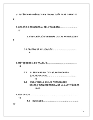 4. ESTÁNDARES BÁSICOS EN TECNOLOGÍA PARA GRADO 2º
7

5. DESCRIPCIÓN GENERAL DEL PROYECTO………………………
8
5.1 DESCRIPCIÓN GENERAL DE LAS ACTIVIDADES
8

5.2 OBJETO DE APLICACIÓN……………………………..
9

6. METODOLOGÍA DE TRABAJO………………………………………
10
6.1

PLANIFICACIÓN DE LAS ACTIVIDADES
(CRONOGRAMA)……………………………………..
10

6.2

DESARROLLO DE LAS ACTIVIDADES
DESCRIPCIÓN ESPECÍFICA DE LAS ACTIVIDADES
11-16

7. RECURSOS………………………………………………………………
16
7.1

HUMANOS………………………………………………

17

4

 