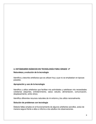 4. ESTÁNDARES BÁSICOS EN TECNOLOGÍA PARA GRADO 2º
Naturaleza y evolución de la tecnología
Identifico y describo artefactos que se utilizan hoy y que no se empleaban en épocas
pasadas.
Apropiación y uso de la tecnología
Identifico y utilizo artefactos que facilitan mis actividades y satisfacen mis necesidades
cotidianas (deportes, entretenimiento, salud, estudio, alimentación, comunicación,
desplazamiento, entre otros).
Identifico diferentes recursos naturales de mi entorno y los utilizo racionalmente.
Solución de problemas con tecnología
Detecto fallas simples en el funcionamiento de algunos artefactos sencillos, actúo de
manera segura frente a ellos e informo a los adultos mis observaciones.
8

 