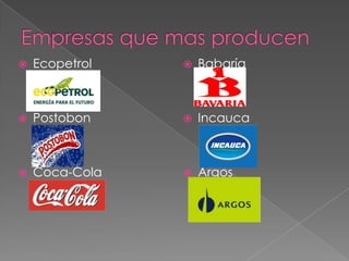   Ecopetrol      Babaría



   Postobon       Incauca



   Coca-Cola      Argos
 