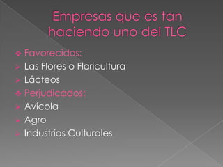  Favorecidos:
 Las Flores o Floricultura
 Lácteos
 Perjudicados:
 Avícola
 Agro
 Industrias Culturales
 