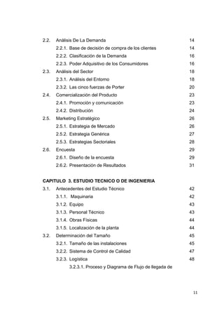 2.2. Análisis De La Demanda 14
2.2.1. Base de decisión de compra de los clientes 14
2.2.2. Clasificación de la Demanda 16
2.2.3. Poder Adquisitivo de los Consumidores 16
2.3. Análisis del Sector 18
2.3.1. Análisis del Entorno 18
2.3.2. Las cinco fuerzas de Porter 20
2.4. Comercialización del Producto 23
2.4.1. Promoción y comunicación 23
2.4.2. Distribución 24
2.5. Marketing Estratégico 26
2.5.1. Estrategia de Mercado 26
2.5.2. Estrategia Genérica 27
2.5.3. Estrategias Sectoriales 28
2.6. Encuesta 29
2.6.1. Diseño de la encuesta 29
2.6.2. Presentación de Resultados 31
CAPITULO 3. ESTUDIO TECNICO O DE INGENIERIA
3.1. Antecedentes del Estudio Técnico 42
3.1.1. Maquinaria 42
3.1.2. Equipo 43
3.1.3. Personal Técnico 43
3.1.4. Obras Físicas 44
3.1.5. Localización de la planta 44
3.2. Determinación del Tamaño 45
3.2.1. Tamaño de las instalaciones 45
3.2.2. Sistema de Control de Calidad 47
3.2.3. Logística 48
3.2.3.1. Proceso y Diagrama de Flujo de llegada de
11
 