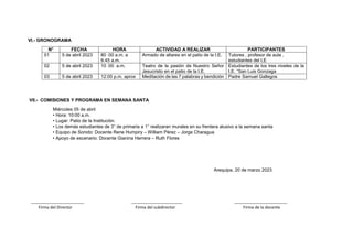 VI.- GRONOGRAMA
N° FECHA HORA ACTIVIDAD A REALIZAR PARTICIPANTES
01 5 de abril 2023 80 :00 a.m. a
9.45 a.m.
Armado de altares en el patio de la I.E. Tutores , profesor de aula ,
estudiantes del I,E
02 5 de abril 2023 10 :00 a.m. Teatro de la pasión de Nuestro Señor
Jesucristo en el patio de la I.E.
Estudiantes de los tres niveles de la
I.E. “San Luis Gonzaga
03 5 de abril 2023 12:00 p.m. aprox Meditación de las 7 palabras y bendición Padre Samuel Gallegos
VII.- COMISIONES Y PROGRAMA EN SEMANA SANTA
Miércoles 05 de abril
• Hora: 10:00 a.m.
• Lugar: Patio de la Institución.
• Los demás estudiantes de 3° de primaria a 1° realizaran murales en su frentera alusivo a la semana santa
• Equipo de Sonido: Docente Rene Humpiry – William Pérez – Jorge Charagua
• Apoyo de escenario: Docente Gianina Herrera – Ruth Flores
Arequipa, 20 de marzo 2023
_______________________ ______________________ _______________________
Firma del Director Firma del subdirector Firma de la docente
 