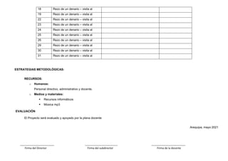 ESTRATEGIAS METODOLÓGICAS:
RECURSOS:
o Humanos:
Personal directivo, administrativo y docente.
o Medios y materiales:
 Recursos informáticos
 Música mp3
EVALUACIÓN
El Proyecto será evaluado y apoyado por la plana docente
Arequipa, mayo 2021
_______________________ ______________________ _______________________
Firma del Director Firma del subdirector Firma de la docente
18 Rezo de un denario – visita al
19 Rezo de un denario – visita al
22 Rezo de un denario – visita al
23 Rezo de un denario – visita al
24 Rezo de un denario – visita al
25 Rezo de un denario – visita al
26 Rezo de un denario – visita al
29 Rezo de un denario – visita al
30 Rezo de un denario – visita al
31 Rezo de un denario – visita al
 